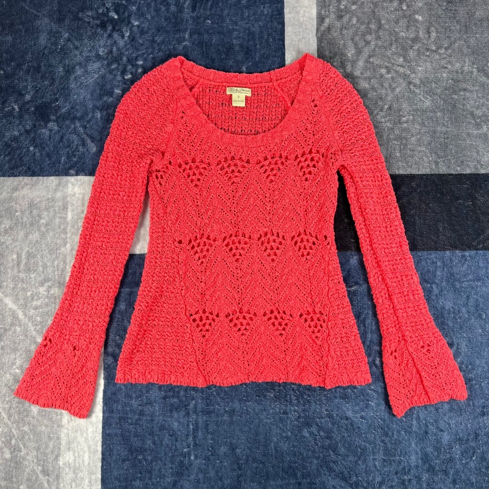 Lucky Brand Women Coral Pink Crochet Open Knit Flare/Bell Sleeve Sweater Small